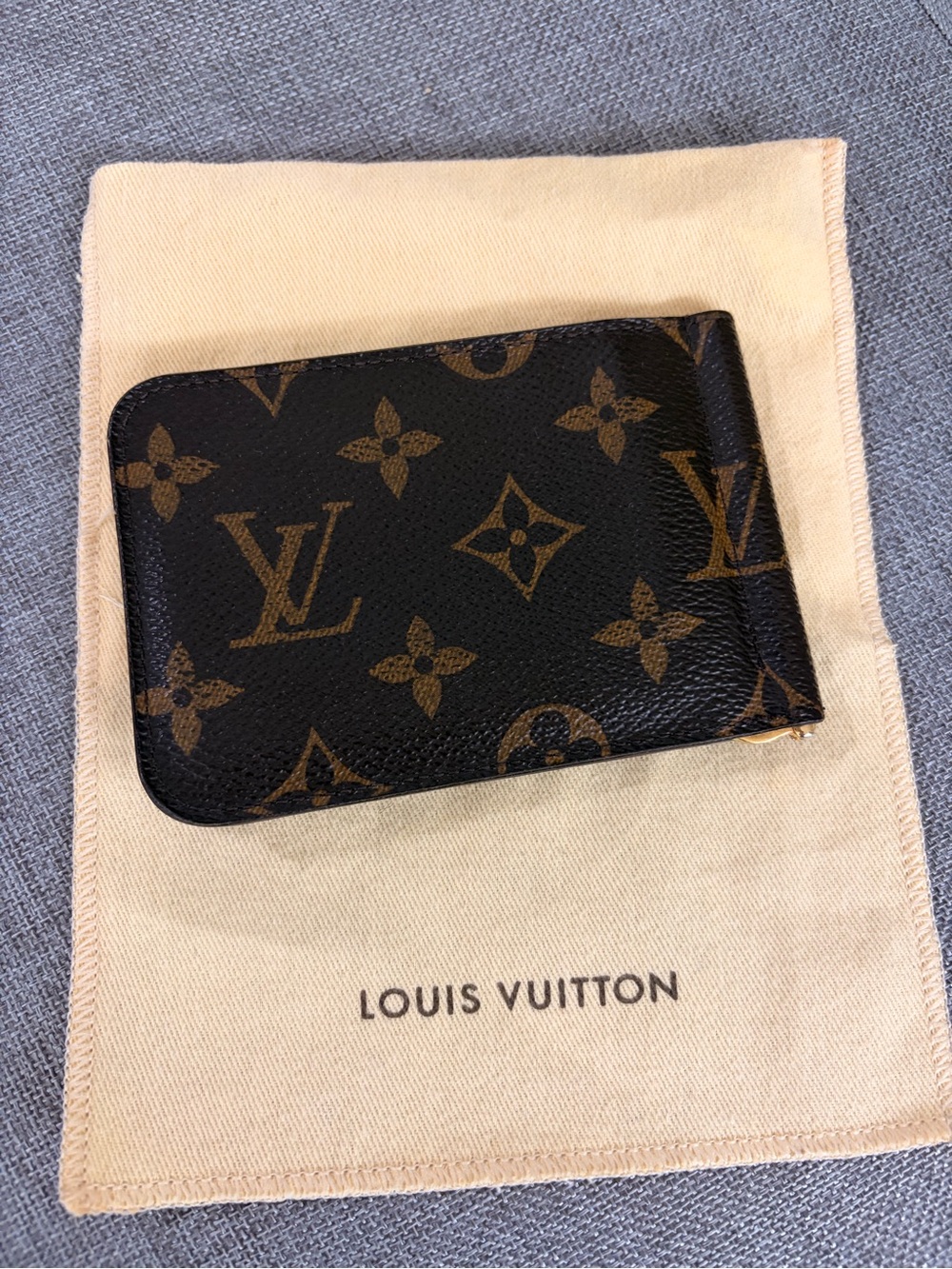Louis Vuitton Brown Leather Money Clip Card Holder with Gold-Tone Clip
